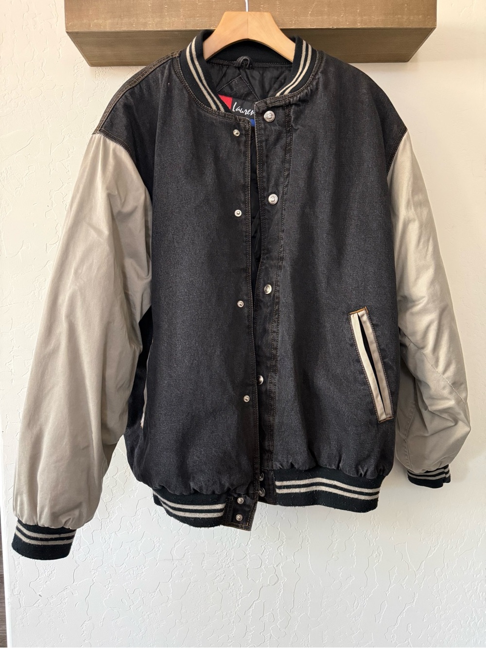 Jon Lauren|Men’s Vintage Bomber Varsity Jacket,Denim style + Tan accents•2X,Boxy